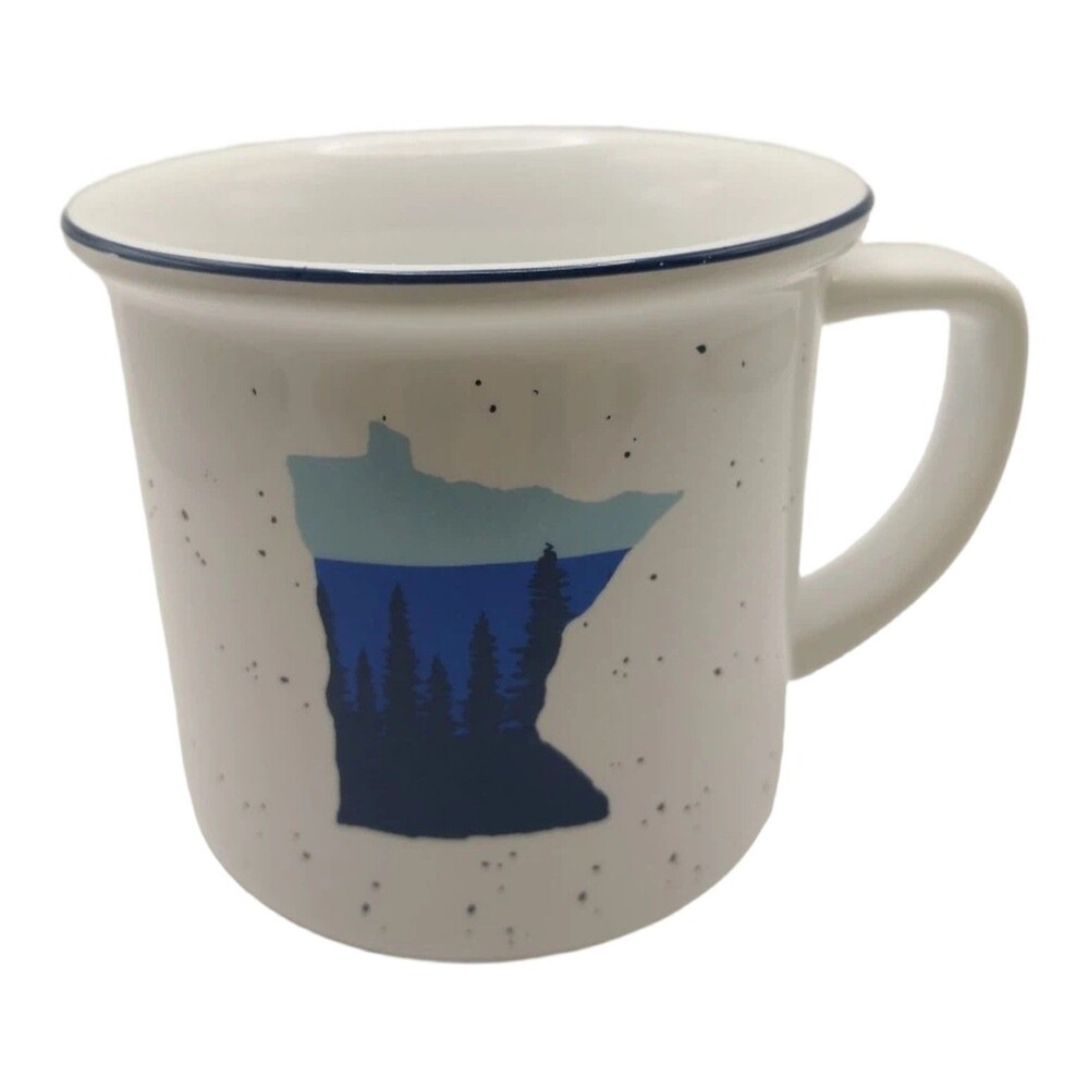 Caribou Coffee Minnesota 12 Oz Ceramic Mug White With Blue Trim Microwave Safe